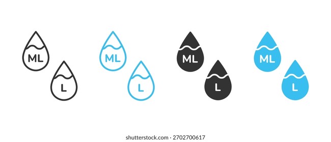 Icono de litro. Caída de líquido, capacidad de agua, símbolos simples. 
