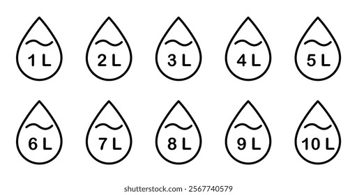  Liter icon set from 1 to 10. Fluid volume in liters. Capacity of oil and water icon set. Liter icon fluid volume in liters liquid drop litre. Liquid measure in liters.