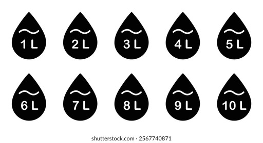  Liter icon set from 1 to 10. Fluid volume in liters. Capacity of oil and water icon set. Liter icon fluid volume in liters liquid drop litre. Liquid measure in liters.