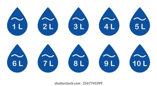  Liter icon set from 1 to 10. Fluid volume in liters. Capacity of oil and water icon set. Liter icon fluid volume in liters liquid drop litre. Liquid measure in liters.