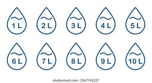  Liter icon set from 1 to 10. Fluid volume in liters. Capacity of oil and water icon set. Liter icon fluid volume in liters liquid drop litre. Liquid measure in liters.