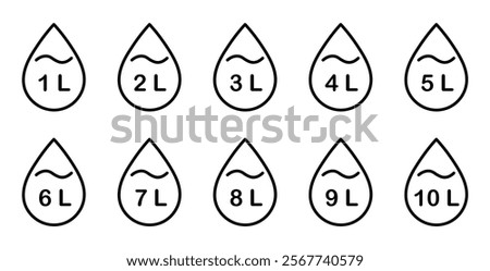  Liter icon set from 1 to 10. Fluid volume in liters. Capacity of oil and water icon set. Liter icon fluid volume in liters liquid drop litre. Liquid measure in liters.