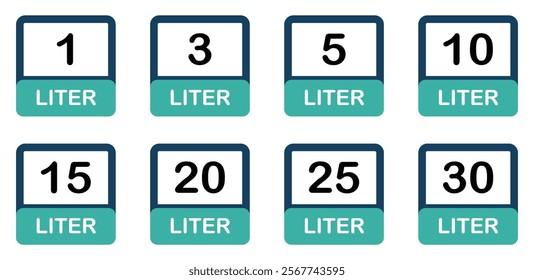  Liter icon set. Liters- 1,3,5,10,15,20,25,30. Fluid volume in liters. Capacity of oil and water icon set. Liter icon fluid volume in liters liquid drop litre. Liquid measure in liters.