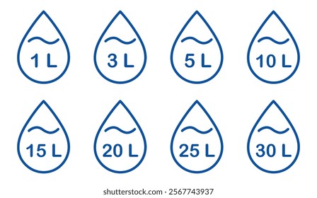  Liter icon set. Liters- 1,3,5,10,15,20,25,30. Fluid volume in liters. Capacity of oil and water icon set. Liter icon fluid volume in liters liquid drop litre. Liquid measure in liters.