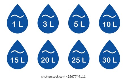  Liter icon set. Liters- 1,3,5,10,15,20,25,30. Fluid volume in liters. Capacity of oil and water icon set. Liter icon fluid volume in liters liquid drop litre. Liquid measure in liters.