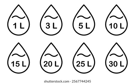  Liter icon set. Liters- 1,3,5,10,15,20,25,30. Fluid volume in liters. Capacity of oil and water icon set. Liter icon fluid volume in liters liquid drop litre. Liquid measure in liters.