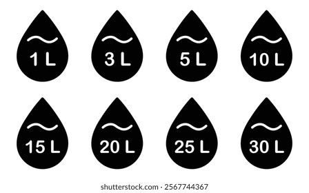  Liter icon set. Liters- 1,3,5,10,15,20,25,30. Fluid volume in liters. Capacity of oil and water icon set. Liter icon fluid volume in liters liquid drop litre. Liquid measure in liters.