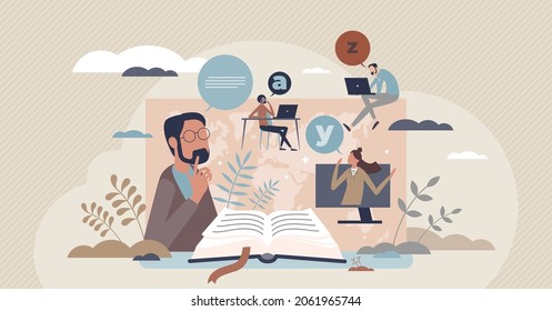 Literacy as ability to read, write and understand text tiny person concept. Learning academic knowledge books for self development and growth vector illustration. Cognition and thinking as smart skill