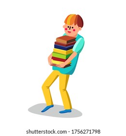 Literacy Boy Student Carries Bunch Of Books Vector. Smiling Happy Literacy Teenager Carrying Education And Reading Literature. Character Pupil With Study Library Flat Cartoon Illustration