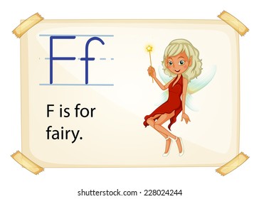 Literacy card showing the letter F with example object and sentence