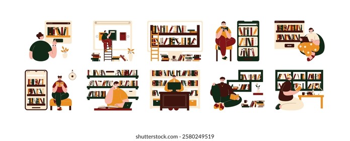 Literacy carried out by young people in online libraries through digital technology, vector illustration.