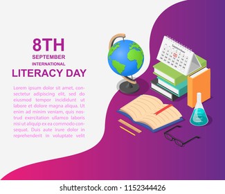 Literacy Day book science library banner concept. Isometric illustration of Literacy Day book science library vector banner for web