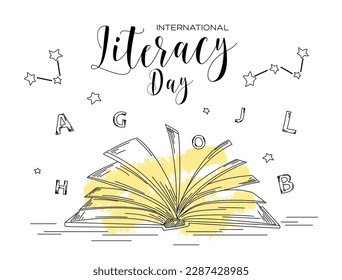 Literacy day concept. International holiday and festival. Design element for greeting and invitation postcard. Open line book with letters and stars. Cartoon flat vector illustration