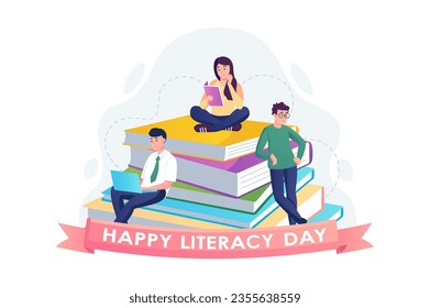 Literacy day concept with people scene in the flat cartoon design. Students and teachers are preparing for the celebration of the literary festival. Vector illustration.