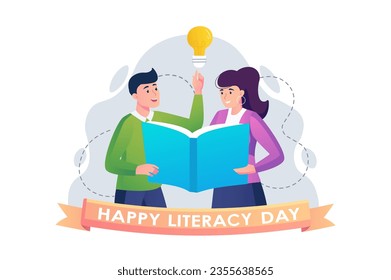 Literacy day concept with people scene in the flat cartoon style. Students think about writing their own book based on famous works. Vector illustration.