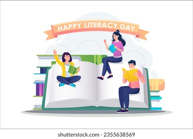 Literacy day concept with people scene in the flat cartoon style. Students read different books and share their impressions. Vector illustration.