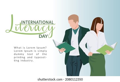 Literacy Day Concept. Woman and man reading books. People. Business style clothing. Cute vector illustration in the style of a flat cartoon.