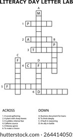 Literacy Day Letter Lab And Crossword Puzzle Educational Activity Worksheet vector
