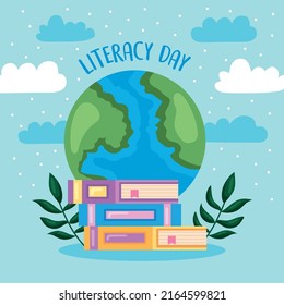 literacy day lettering with earth planet