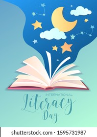 Literacy Day poster design with open book with a starry night sky with moon emanating from the pages and text below, vector illustration