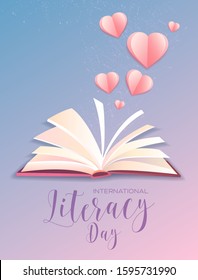 Literacy Day poster design with open book with little hearts emanating from the pages and text below, vector illustration