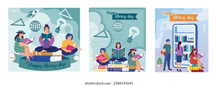 Literacy Day, September 8. Celebrate Literacy Day by reading books. People read books in the digital library. Happy Literacy Day concept. Set flat vector illustration.