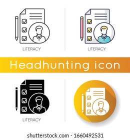 Literacy icon. Linear black and RGB color styles. Professional knowledge. Candidate CV, job application. Company personnel competence. Employee skills checklist Isolated vector illustrations