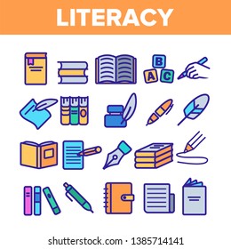 Literacy Linear Vector Icons Set. Literacy Thin Line Contour Symbols Pack. Humanities Pictograms Collection. Reading and Writing, School Education, University Study. Stationery Outline Illustrations