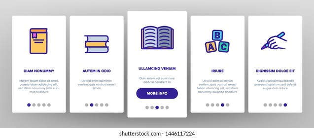 Literacy Linear Vector Onboarding Mobile App Page Screen. Humanities Pictograms Collection. Reading and Writing, School Education, University Study. Stationery Outline Illustrations