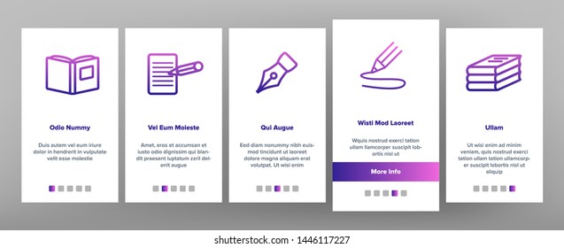 Literacy Linear Vector Onboarding Mobile App Page Screen. Humanities Pictograms Collection. Reading and Writing, School Education, University Study. Stationery Outline Illustrations