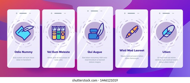 Literacy Linear Vector Onboarding Mobile App Page Screen. Humanities Pictograms Collection. Reading and Writing, School Education, University Study. Stationery Outline Illustrations