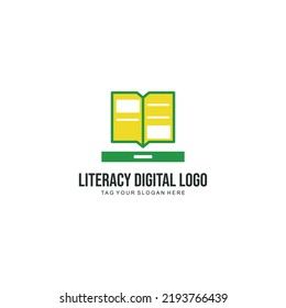 literacy logo design vector popular with book and pen icon 