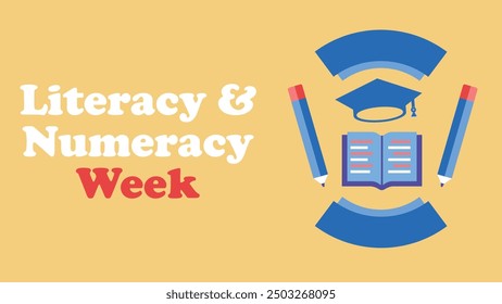 Literacy and Numeracy Week vector banner design with geometric shapes and vibrant colors on a horizontal background.