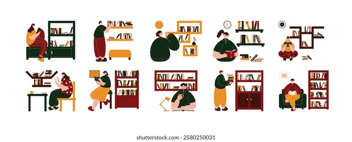 Literacy in a quiet and peaceful library to focus on reading, vector illustration.