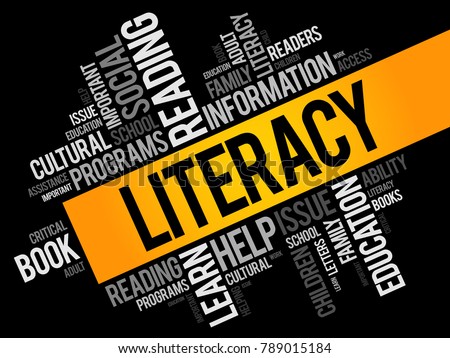 Literacy word cloud collage, education concept background