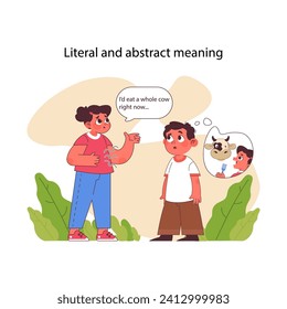 Literal and abstract meaning concept. Hungry girl talking to confused boy. Navigating nuances of expression and interpretation. Encouraging clarity and perspective in communication. Flat vector