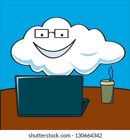 A literal cartoon depiction of the term cloud computing showing a cloud on a computer.