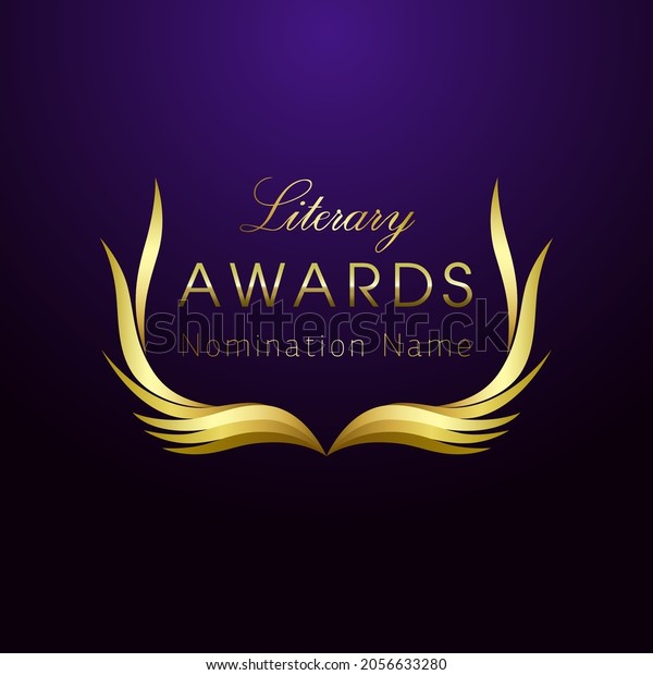 Literary awards creative logo concept. Isolated
abstract graphic design template. Elegant nominee emblem. Open book
with shiny gold pages as a royal wreath. Luxury frame. Book or
magazine award idea.