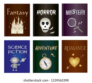 Literary Book Icon Set - Fantasy, Horror, Mystery, Science Fiction, Adventure And Romance Genre