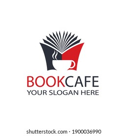 literary cafe emblem with open book and cup isolated on white background