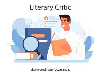 Literary critic concept. Professional journalist making review and ranking piece of art. Specialist making an opinion on creative works. Flat vector illustration