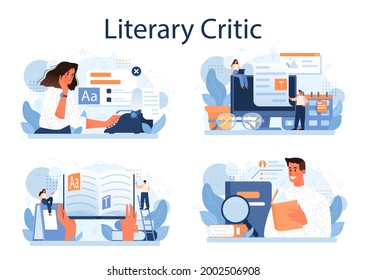 Concepto de crítica literaria. Periodista profesional haciendo reseña y clasificando piezas de arte. Especialista opinando sobre trabajos creativos. Ilustración vectorial plana