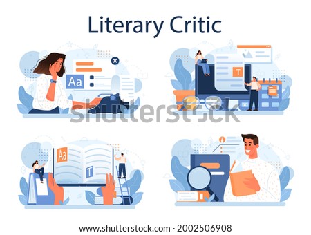 Literary critic concept set. Professional journalist making review and ranking piece of art. Specialist making an opinion on creative works. Flat vector illustration