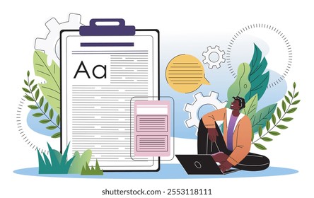 Conceito crítico literário. Jovem senta-se em frente ao computador e se comunica através de videoconferência. Educação remota, cursos on-line. Ilustração de vetor plano isolada no plano de fundo branco