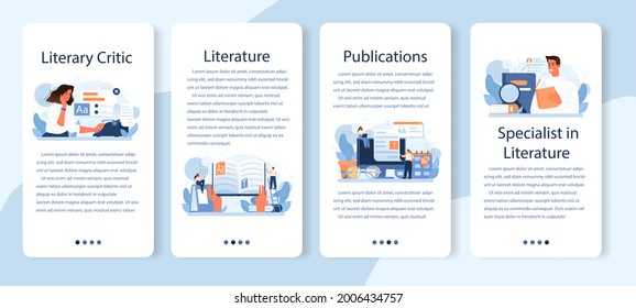Literary critic mobile application banner set. Professional journalist making review and ranking piece of art. Specialist making an opinion on creative works. Flat vector illustration