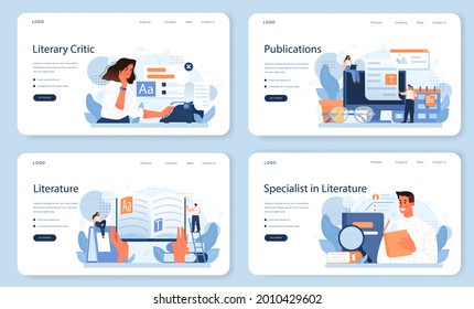 Literary critic web banner or landing page set. Professional journalist making review and ranking piece of art. Specialist making an opinion on creative works. Flat vector illustration