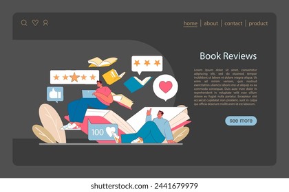 Literary Critique and Appreciation concept. Individuals share and rate their reading experiences, showcasing the interactive nature of book reviews in the digital realm. Flat vector illustration.