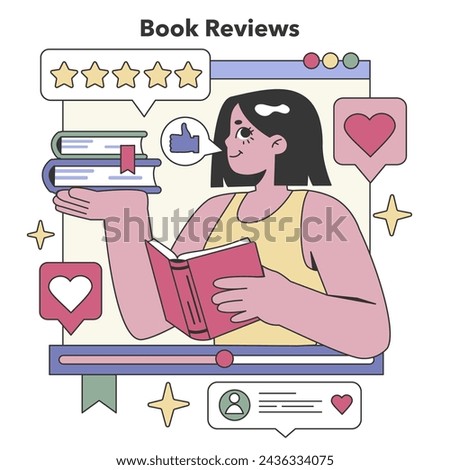Literary Critique set. Engaging readers with thoughtful reviews and ratings. A celebration of reading and literary discussion. Flat vector illustration