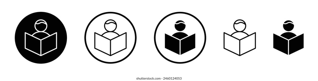 Literary Education Icon Set. Open book and library study vector symbols. Learner and reading pictograms.