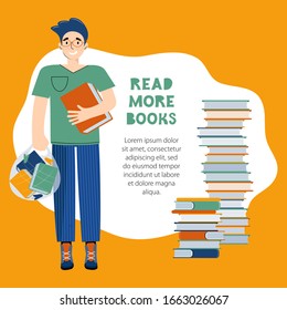 Literary fan. Smart young man is holding a large book and a bag of textbooks.  Funny boy student with books. Concept of home learning and self-development. Template for the banner. Space for your text